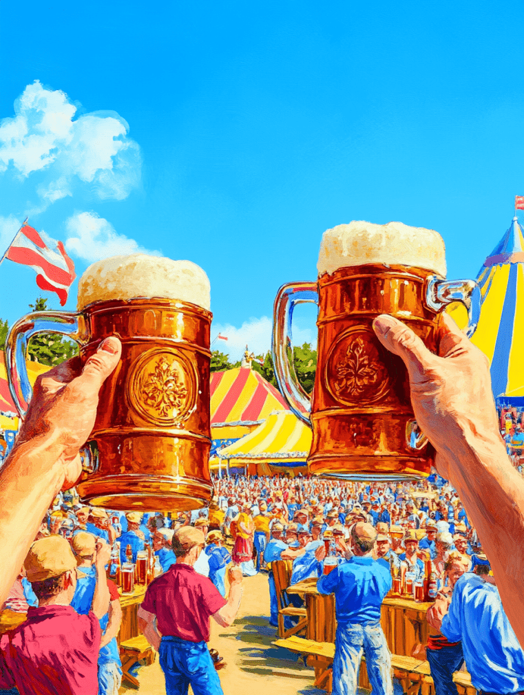 An illustration of two people holding up a large stein of beer