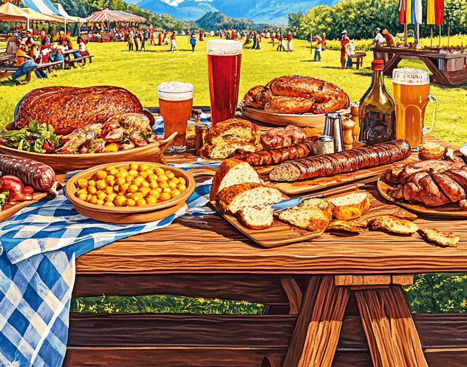 An illustration of an assortment of german food