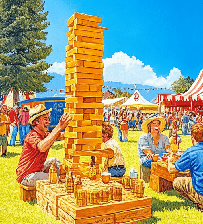 An illustration of a person playing a giant jenga game