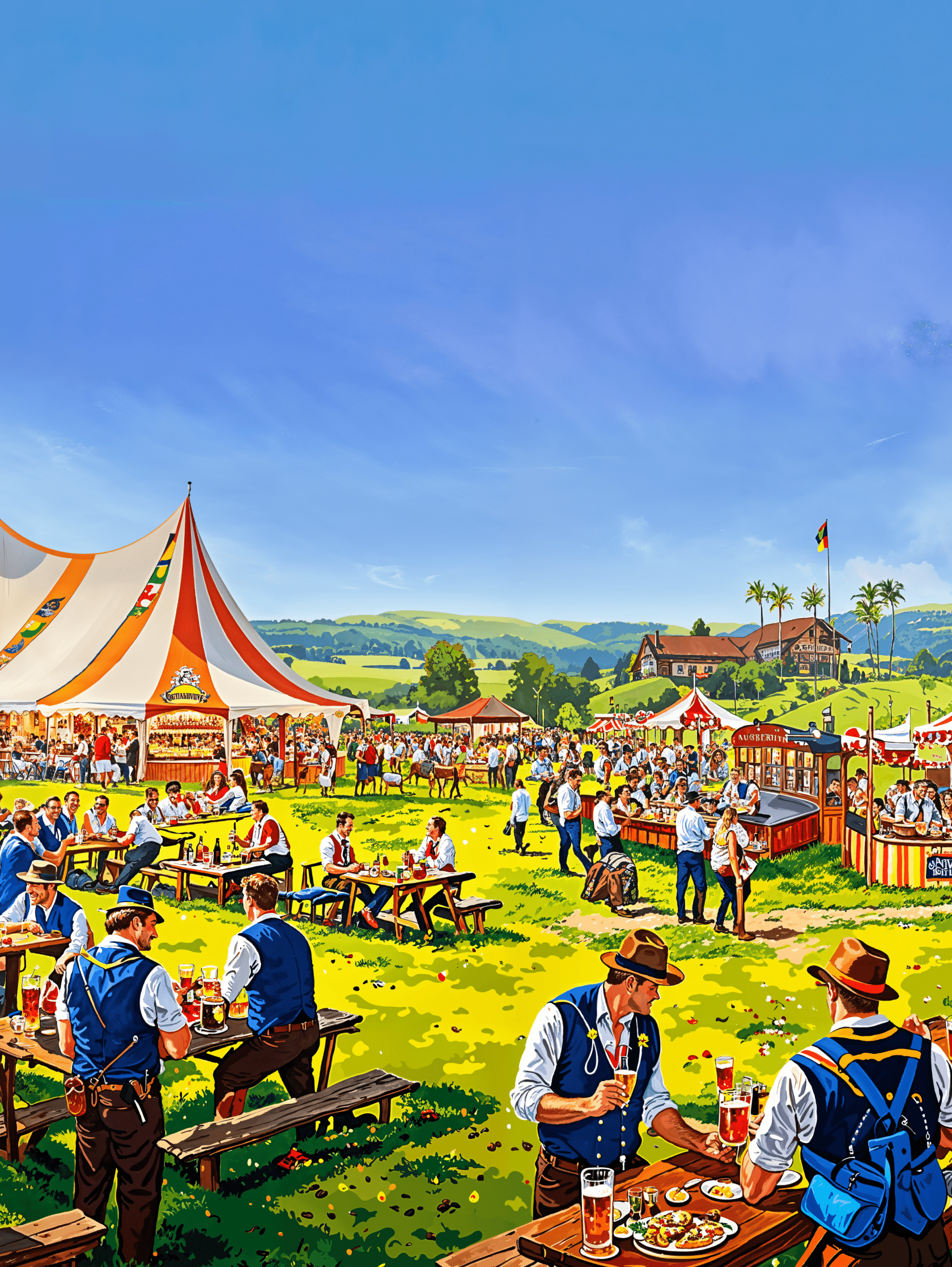 Illustration of Benicia Oktoberfest celebration with tents, people enjoying food and drinks, and scenic landscape